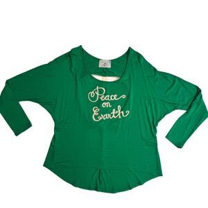 Judith March Top Womens Large Peace On Earth Christmas Green Peace Sign Shirt